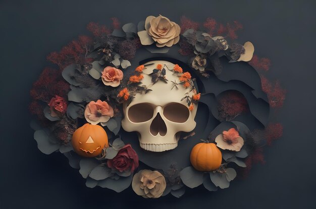 Halloween-Tag des toten Schädels mit Blumen in einem Kreis Papier Kunststil ai generiert Hintergrund