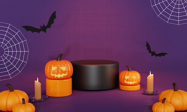 Halloween-Tag orange schwarz mit Kürbis- und Fledermaus-Produktpodiumsbühne und Kerzenlicht-Hintergrund