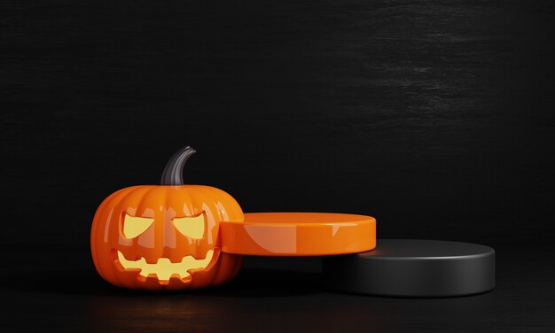Halloween-Tag orange und schwarzer Kürbis Produktpodest Bühnenhintergrund 3D-Rendering-Darstellung