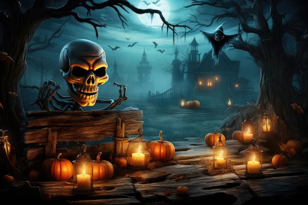 Halloween-Tagesskelett und Kürbisse auf dem Friedhof in der Vollmondnacht Feiertagsveranstaltung Halloween-Banner-Hintergrundkonzept erstellt mit generativer KI-Technologie