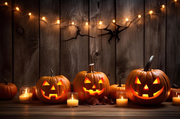 Halloween-Thema Jack O‘Laternen mit Kerzen und Lichterketten auf Holztisch in gruseliger Halloween-Nacht