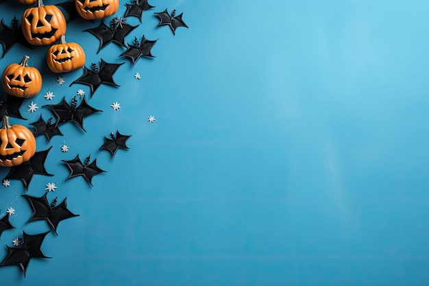 Halloween-Thema mit blauem Hintergrund. Party-Poster mit Dekorationen, Fledermäusen, Geistern, Spinnen, Kürbissen. Flach