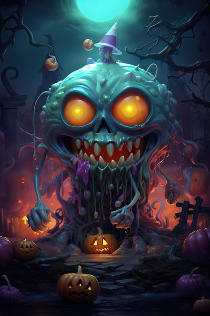 Halloween-Thema mit Monster-Cartoons. Ein farbenfroher Halloween-Themenhintergrund mit Halloween-Objekten, Zombies und Kürbissen und Totenköpfen im gruseligen Stil