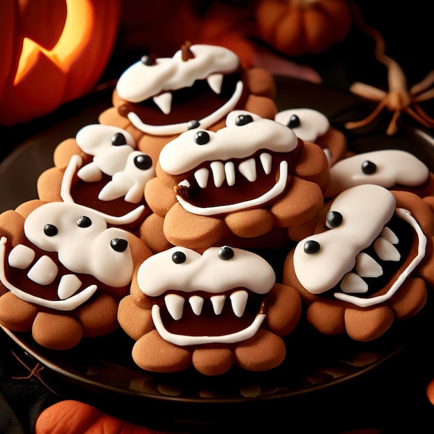 Halloween trata biscoitos com dentes de marshmallow em um prato e aranhas