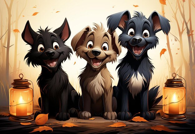 Halloween três cães na floresta de outono com ilustração vetorial de lanternas