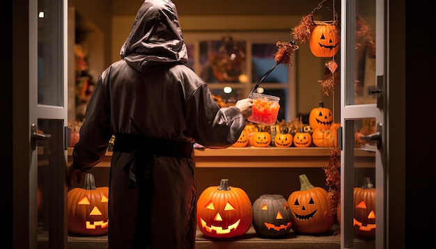 Halloween Trick or Treat Eine Aufnahme einer Person, die in einem Halloween-Kostüm steht