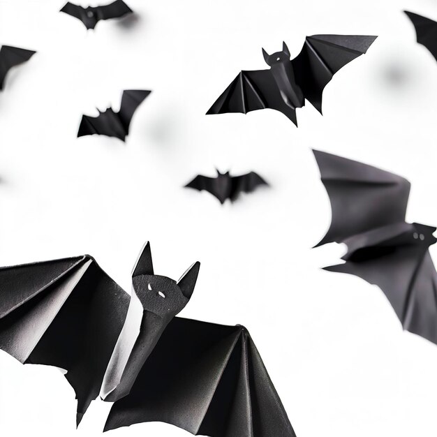 Halloween und Dekorationskonzept schwarze Papierfledermäuse fliegen über weißem Hintergrund