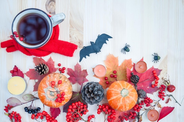 Halloween und Herbst Thema Hintergrund mit Kürbisseberesche Spinnen Fledermaus und einer Tasse Tee Top