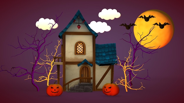 Halloween-Urlaubskonzept Ein kleines Haus mit Kürbissen und einem lustigen Geister-3D-Rendering