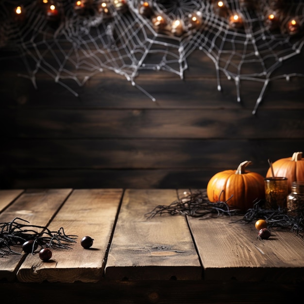 Halloween-Urlaubskonzept Leerer rustikaler Tisch vor Spinnennetz-Hintergrund