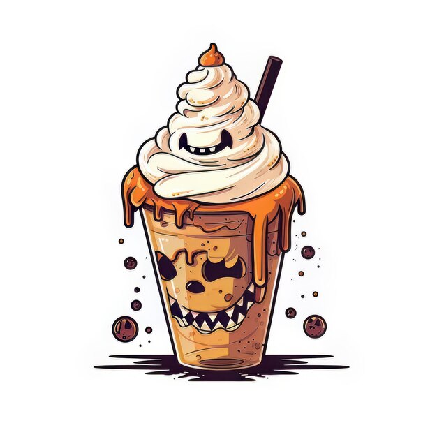 Halloween-Vektorillustration eines Milchshakes mit Schlagsahne, Karamell und Kürbis