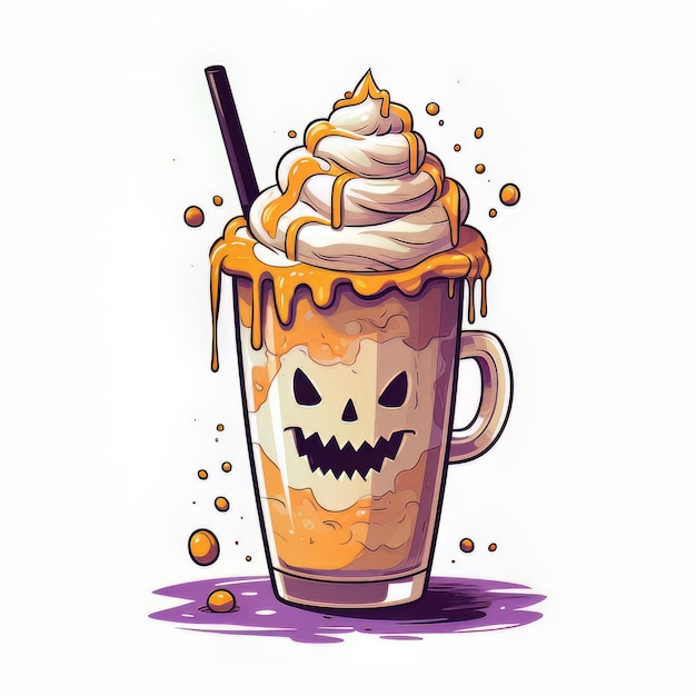 Foto halloween-vektorillustration eines milchshakes mit schlagsahne, karamell und kürbis