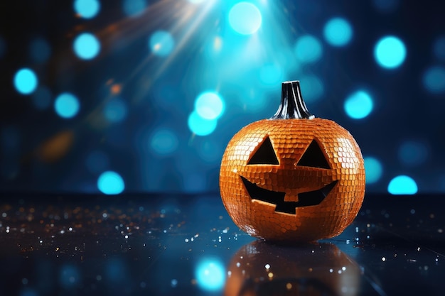 Halloween-Veranstaltung mit einem Kürbis mit Disko-Ball auf blauem Hintergrund