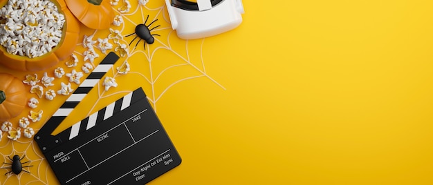 Halloween virtuelles Erlebnis Film vr Brillen Klöppelbrett Popcorn Spinne gelber Hintergrund