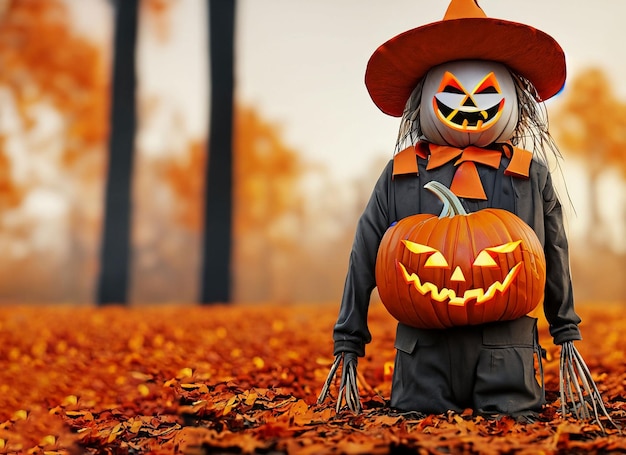 Halloween-Vögelscheuche mit geöffnetem Kürbiskopf Herbst-Hintergrund 3D-Rendering