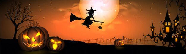 Foto halloween vollmond banner hexe spukhaus kürbisse und fledermäuse