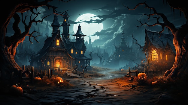 Halloween-Vollmond-Banner, Hexen-Spukhaus, Kürbisse und Fledermäuse