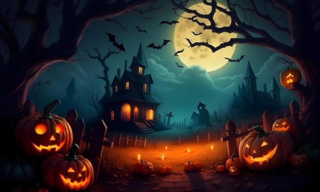 Halloween-Vollmondhintergrund mit altem Friedhofshaus und Kürbis-Ai-Generierung