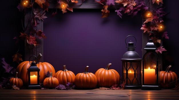 Foto halloween-willkommensschild-attrappe mit kürbisgefallenen blättern herbsturlaub auf violettem hintergrund