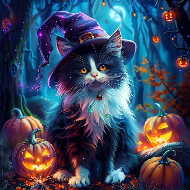 Halloweencat mit Hexenhut und Kürbisse