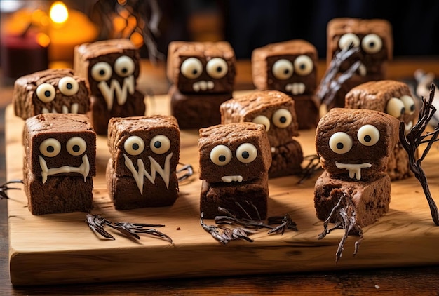 Halloweener Brownie-Bisse auf einem Holzbrett