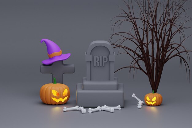 Hallowen con sombrero calabaza y lápida renderizado 3d