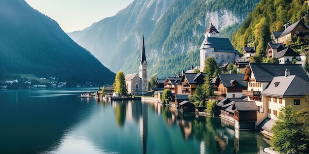 Hallstat-Dorf im Österreich Schönes Dorf im Gebirgstal nahe See