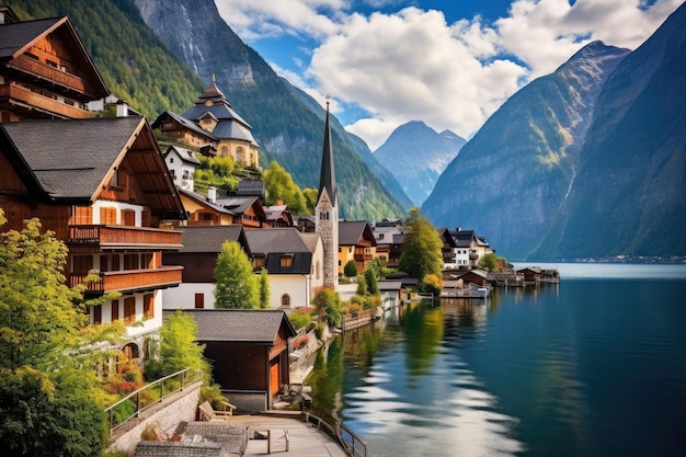 Hallstatt-Dorf am Ufer des Hallstätter Sees Österreich Hallstatt-Dorf in Österreich Schönes Dorf im Gebirgstal in der Nähe des Sees AI generiert