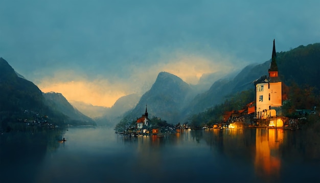 Hallstatt Evening Lake House Mountain com lindo céu