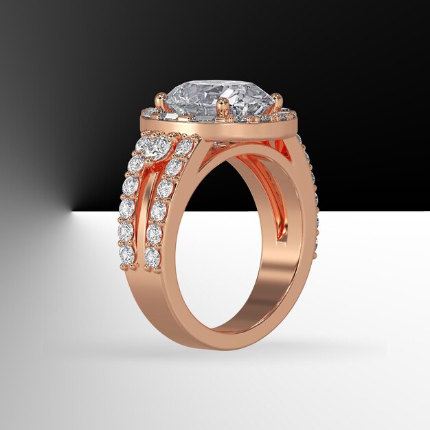 Halo-Verlobungsring aus Roségold mit ovalem Mittelstein und seitlichen Diamanten auf geteiltem Schaft 3D-Render