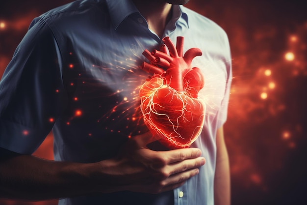 Halograma 3D de um coração contra o fundo de um estudo de silhueta humana de doença cardíaca por IA AI no desenvolvimento de tratamento para doença cardíaca