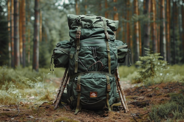 Haltbarer grüner Sport-Rucksack, gefüllt mit Picknick-Vorräten im Wald