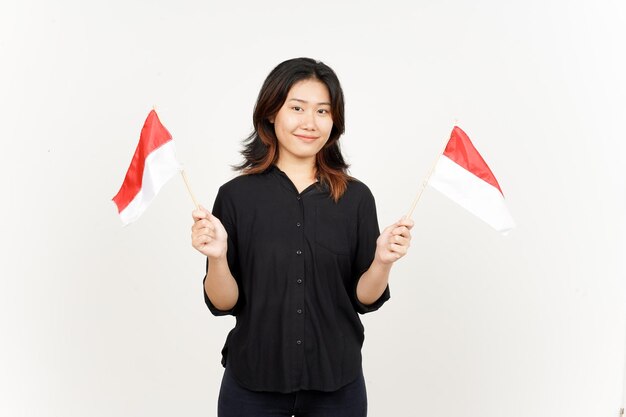 Halten der indonesischen Flagge der schönen asiatischen Frau, Isolated On White Background