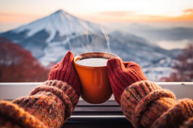 Halten einer Tasse Kaffee im Winter Generative KI