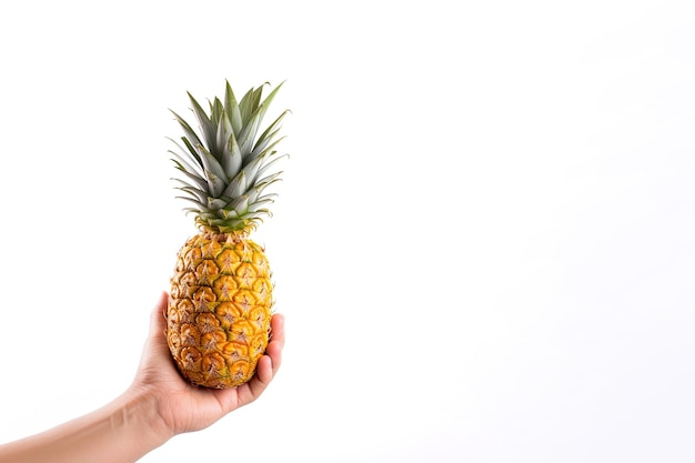 Halten Sie frische Ananas in der Hand, isoliert auf weißem Hintergrund mit Kopierraum