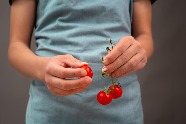 Halten Sie Tomaten in den Händen und bereiten Sie gesundes Essen mit frischem Bio-Gemüse für Salat zu