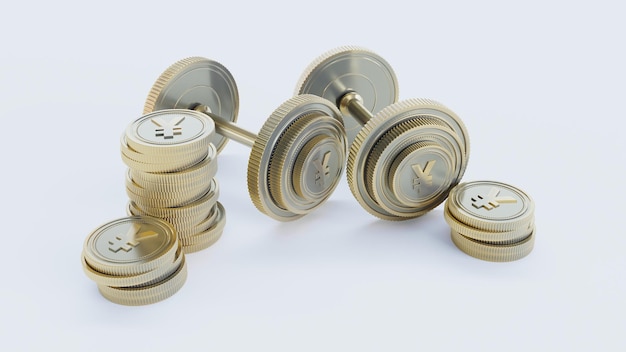 Haltere dourado feito de uma moeda de ienes em um fundo branco conceito de halteres de ienes japoneses dourados Conceito de negócios 3D render