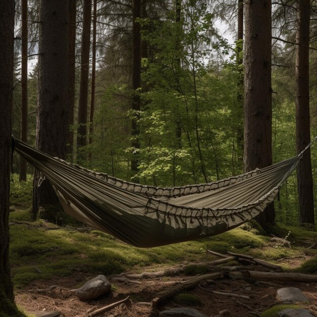 Una hamaca en un bosque con la palabra "bosque".