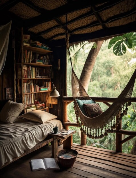 Foto una hamaca en una casa del árbol con vista a la selva.