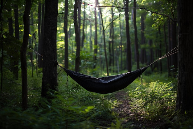 Una hamaca colgada entre dos árboles en un bosque