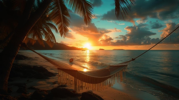 Foto una hamaca colgada de una palmera en la playa