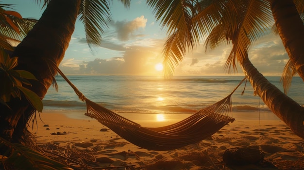 Una hamaca colgada de una palmera en la playa