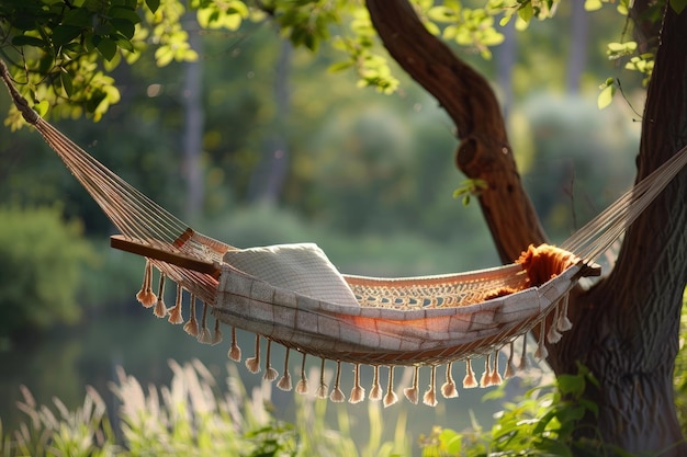 Una hamaca colgando de un árbol en un bosque