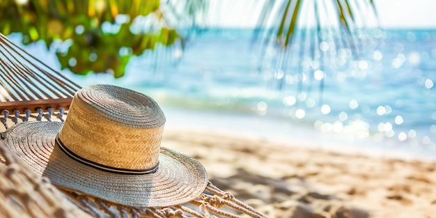 Foto hamaca com um chapéu de palha na praia