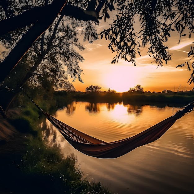 Una hamaca cuelga sobre un río con la puesta de sol detrás de ella.