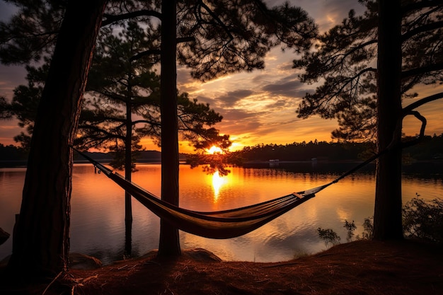 Una hamaca entre dos árboles de pino disfrutando de la vista del lago al amanecer