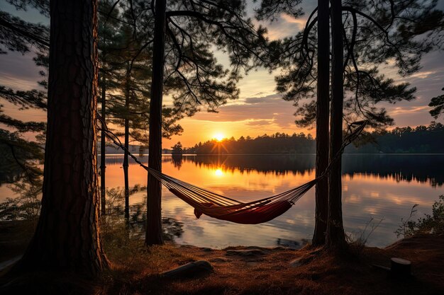 Una hamaca entre dos árboles de pino disfrutando de la vista del lago al amanecer