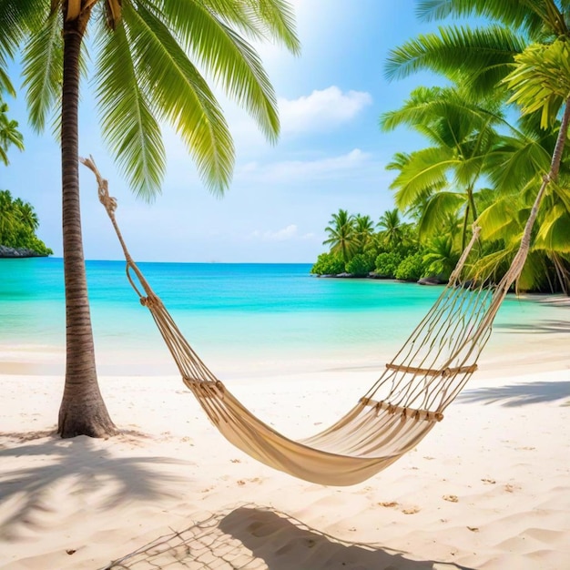 una hamaca está en una playa con palmeras