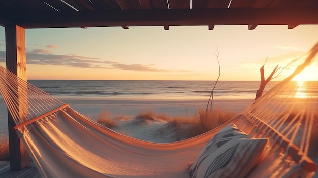 Una hamaca en la playa con la puesta de sol.