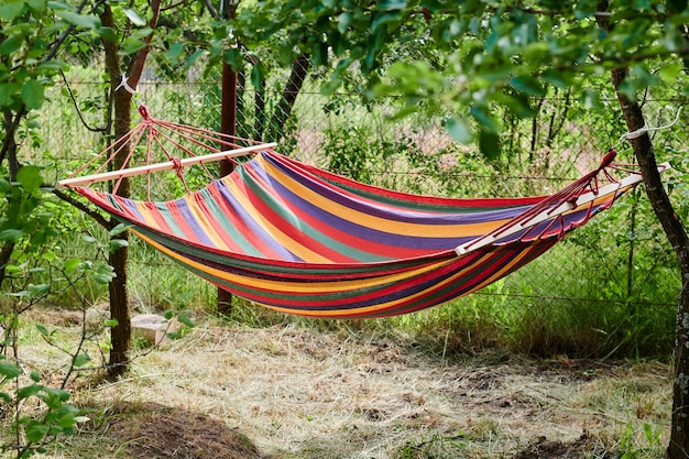 Hamaca de rayas de colores colgando en el césped de los árboles, un lugar para la relajación y el descanso